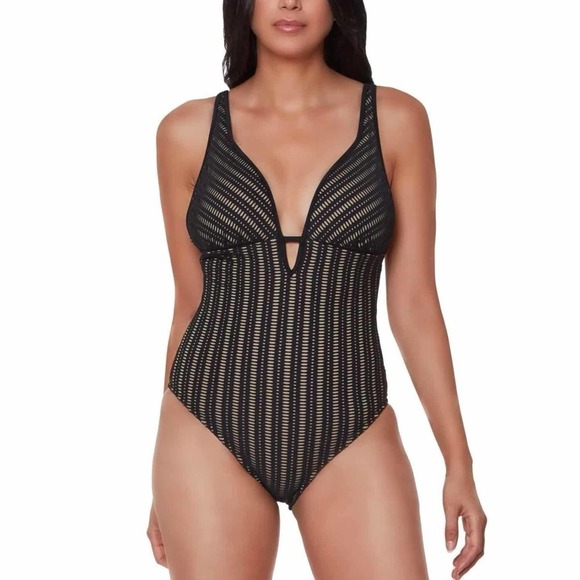 Bar III Plunging  Crochet One-Piece Swimsuit Black Size Large - Picture 4 of 9